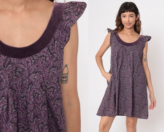 Botanical Sundress 90s Purple Velvet Trim Mini Te… - image 1