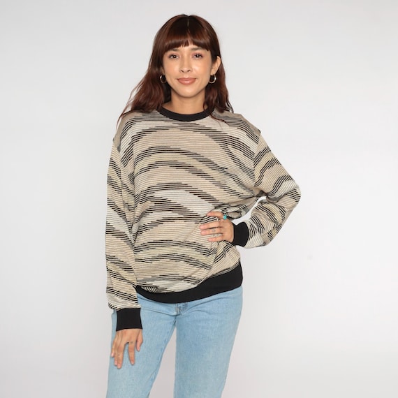 Y2K Striped Sweater Black Beige Cream Tan Golf Pullover Long Sleeve Relaxed Fit Vintage Space Dye Knit Jumper Neutral Colorblock Medium M
