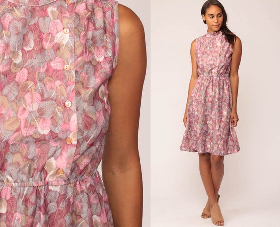 Boho Dress FEATHER PRINT Dress 70s Hippie Mini High Waisted ASYMMETRICAL Button Up Sleeveless Vintage Boho Pink Bohemian Retro Small