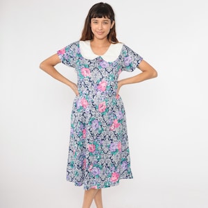 80s Floral Dress Peter Pan Collar Midi Boho Ornate Short Sleeve Dress Vintage 1980s High Waisted Pocket Shift Blue Pink Purple Large