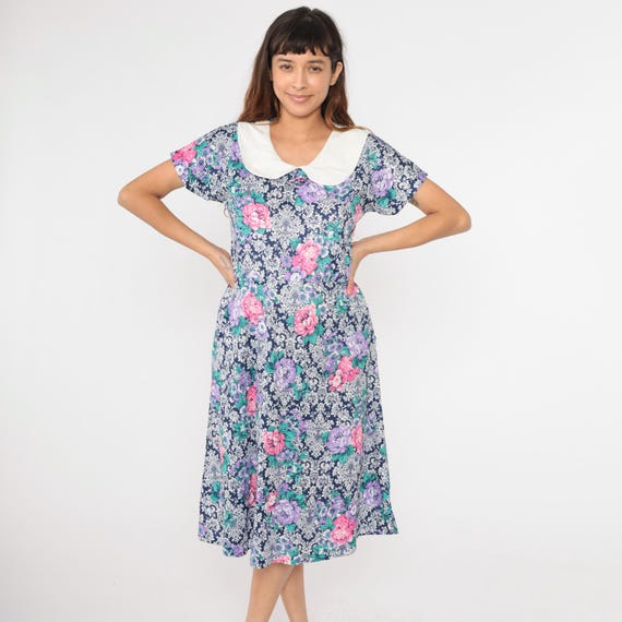 80s Floral Dress Peter Pan Collar Midi Boho Ornate Short Sleeve Dress Vintage 1980s High Waisted Pocket Shift Blue Pink Purple Large