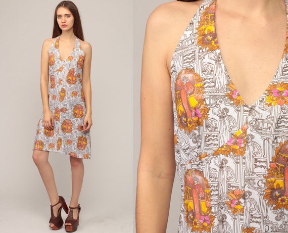 Halter Neck Dress Floral LADY PRINT 70s Mini Empire Waist Summer Boho Pin Up 1970s Hippie Novelty Bohemian Deep V Neck Medium