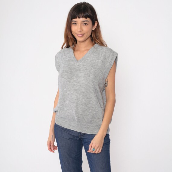 Vintage Heather Grey Sweater Vest 80s V Neck Knit Tank Top Retro Pullover Shirt Plain Layering Knitwear Preppy 1980s Acrylic Men's Large xl