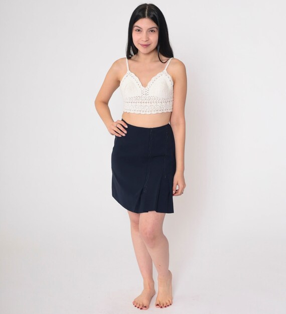 Navy Blue Beaded Skirt 90s Pleated Mini Skirt High Waisted Pencil Cut Straight Simple Sparkly Rhinestone Embellished Vintage 1990s Small S
