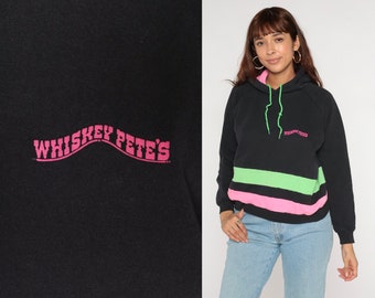 Neon Striped Hoodie Sweatshirt 90s Whiskey Pete's Hooded Sweatshirt Pink Green Retro Pullover Basic Sporty Hood Vintage 1990s Medium Large