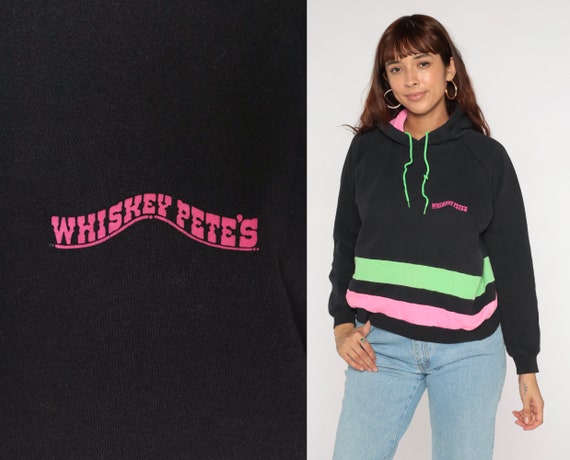 Neon Striped Hoodie Sweatshirt 90s Whiskey Pete's Hooded Sweatshirt Pink Green Retro Pullover Basic Sporty Hood Vintage 1990s Medium Large