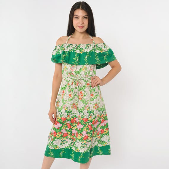 70s Floral Off Shoulder Sun Dress Vintage Sundress Green White Midi Boho Peasant Dress 1970s Bohemian Summer Halter Cottagecore Small Medium