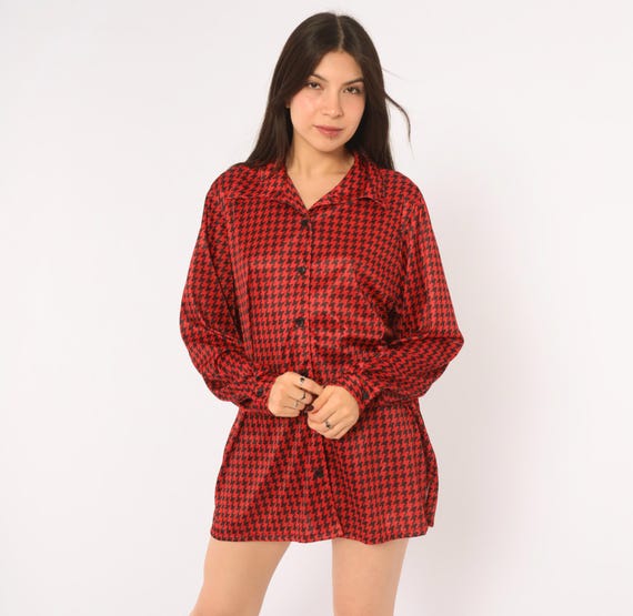 90s Houndstooth Shirt Red Black Long Sleeve Pointed Collar Boxy Fit Checkered Dark Academia Corporate Goth Appleseed's Vintage Womens Large