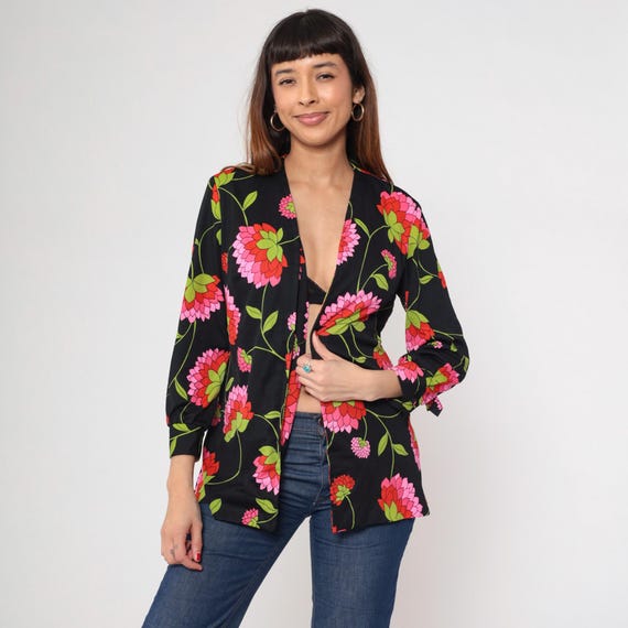 70s Black Floral Open Front Blouse Vintage Pink Flower Print Boho Top Hippie Summer Shirt Bohemian Festival Long Sleeve 1970s Medium M
