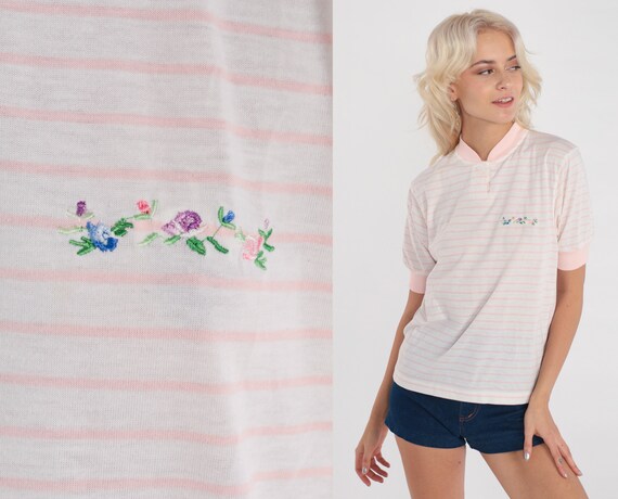 80s Henley Shirt -- Pink White Striped Top Floral Embroidered Button Up Top Pastel Baby Pink Retro Tee Vintage Short Sleeve Small S