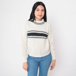 Striped Turtleneck Sweater 80s Off-White Black Grey Pullover Knit Sweater Retro Seventies Knitwear Acrylic Vintage 1980s White Stag Small image 5