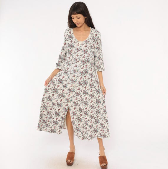 90s Floral Midi Dress Three Quarter Sleeve Cotton Cottagecore Prairie White Burgundy Rose Relaxed Fit Garden Tea Party Vintage Large L