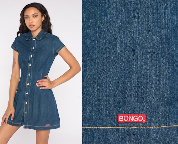 90s Denim Dress Bongo Mini Jean Dress Vintage 1990s Button Up Short Sleeve Dark Wash Blue Collar Fitted Pencil Dress Retro Extra Small XS