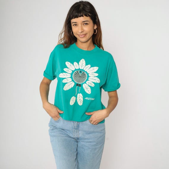 Vintage 90s Arizona Shirt Turquoise Southwest Graphic Cropped T-Shirt Native American Maze Tee Southwestern Hanes 50/50 USA Made