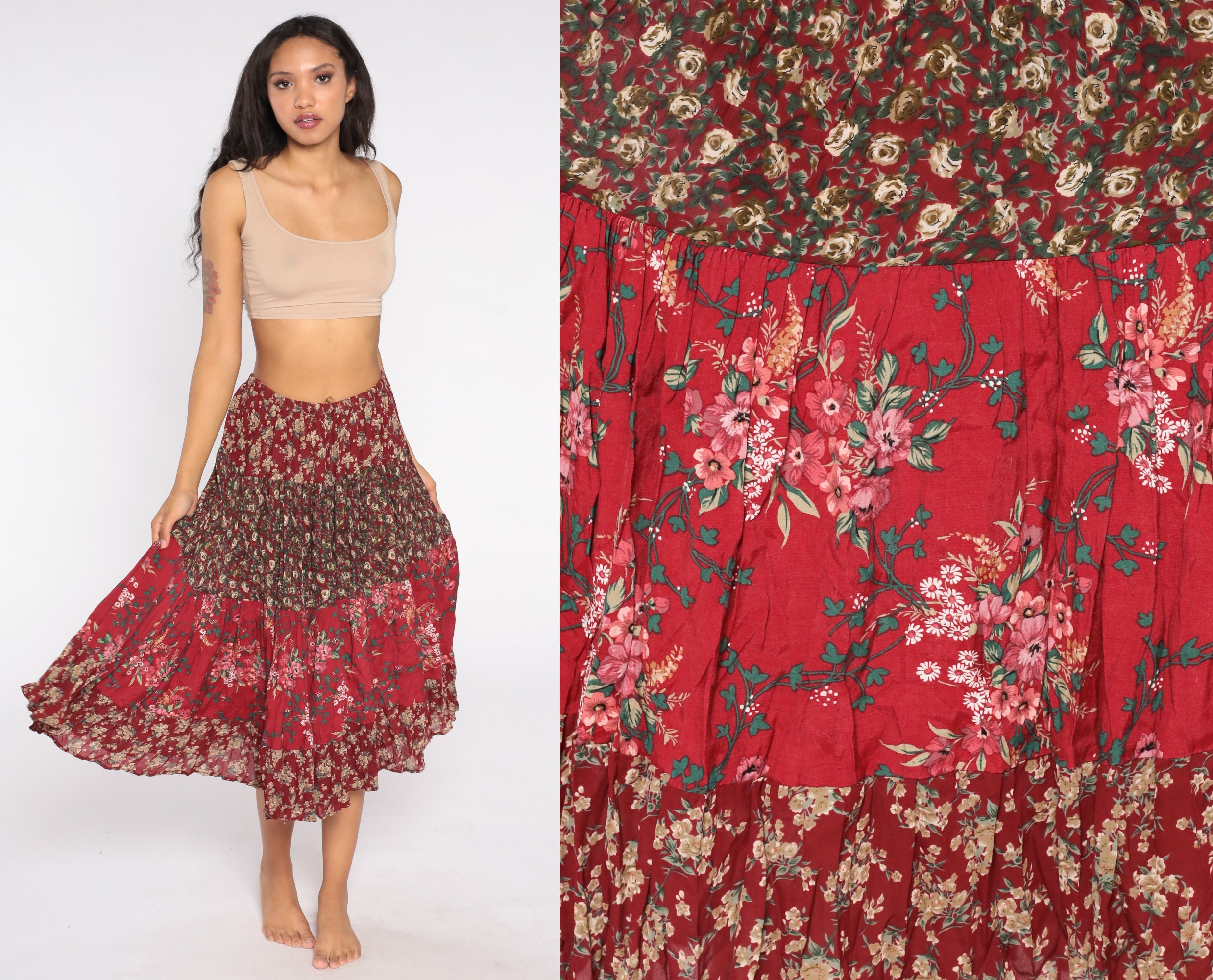 Floral Broomstick Skirt Red Flower Print Boho Hippie Skirt 90s