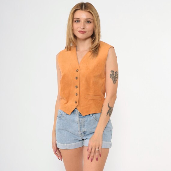 80s Orange Faux Suede Vest Button Up Preppy Waistcoat Vintage Vest Plain Basic Top Professor Layering V Neck 1980s Tailored Small S