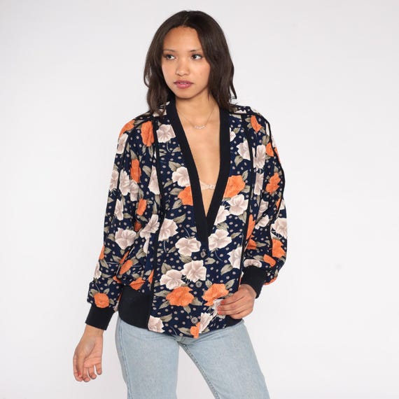Floral Bomber Cardigan 90s Navy Orange Florwer Polka Dot Button Front Puff Sleeve Ribbed Trim  Jacket Lightweight Spring Blooms Large L
