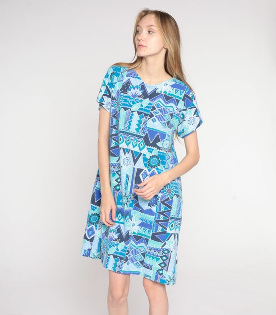 Vintage Boho Mini Dress 90s Blue Geometric Floral Print Dress Grunge Flower Print Shift Short Sleeve Minidress Retro 1990s Extra Large L XL