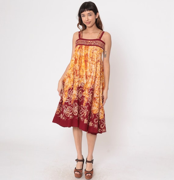 Batik Sun Dress Mini 00s Tropical Floral Sundress A-Line Boho Hippie Y2K Bohemian Trapeze Yellow Red Vintage Sleeveless Summer Small S