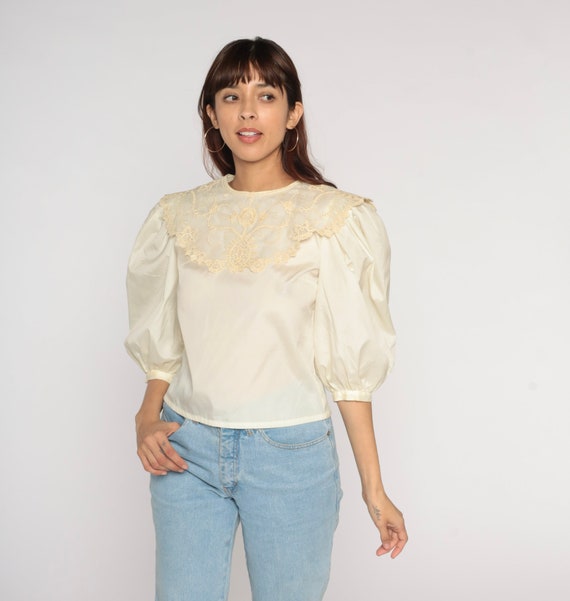 Puff Sleeve Blouse 80s Lace Bib Top Beige Victorian Shirt Retro Cottagecore Lolita Blouse Romantic Feminine Retro Vintage 1980s Small S