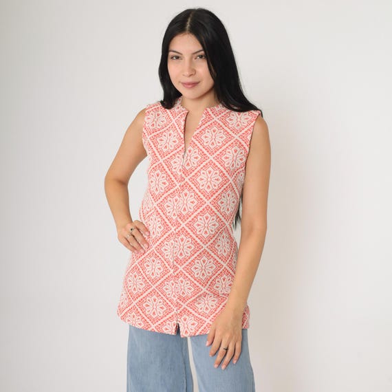 70s Floral Tank Top Hippie Blouse Front Zip Up Top Orange Geometric Boho Shirt Sleeveless Vintage Bohemian Shirt 1970s Polyester Small S