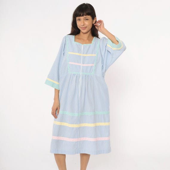80s Striped Seersucker Dress Blue White Rickrack Trim Cottagecore Prairie Vintage Tunic Casual Summer Pastel Scalloped Sundress Large L