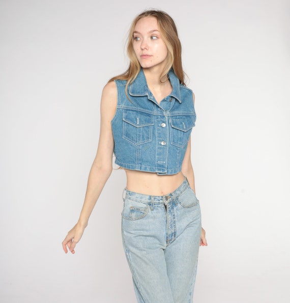 90s Cropped Denim Vest Blue Jean Crop Top Sleevel… - image 2