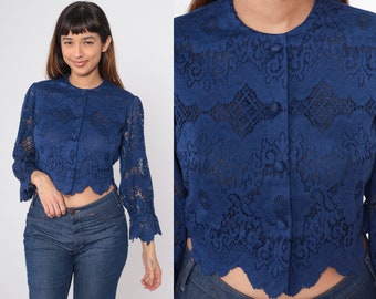 70s Lace Blouse Dark Blue Puff Sleeve Crop Top Button up Shirt Scalloped Cropped Tailored Party Blouse Romantic Vintage 1970s Small Medium