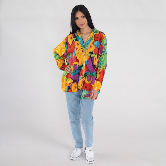 Fruit Print Shirt Y2k Tunic Top Hooded Blouse Colorful Flowy Long Sleeve Flowy Rear Slit High Low Novelty Vintage 00s Small Medium Large XL