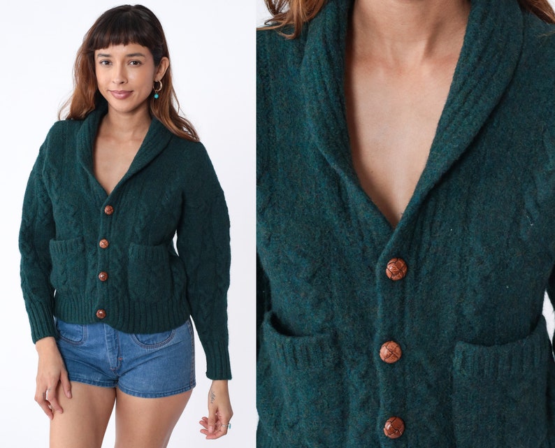 Cable Knit Cardigan 80s Dark Green Wool Sweater Wooden Button Up Grandpa Chunky Cableknit Cozy Fall Winter Basic Plain Vintage 1980s Small S image 1