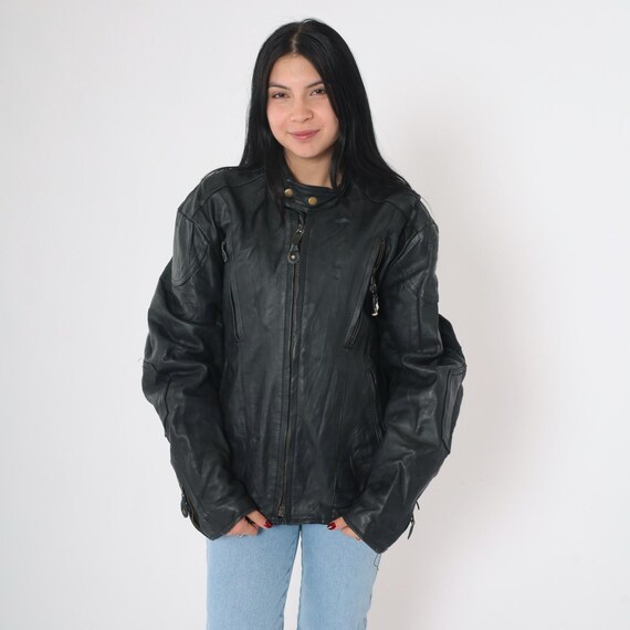 90s Black Leather Jacket Moto Bomber Jacket Skeleton Zip Up Biker Coat Motorcycle Cafe Racer Rocker Vintage 1990s Men's extra large xl