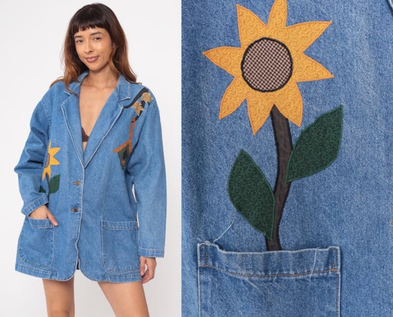 Birdhouse Denim Jacket 90s Appliqué Sunflower Patchwork Long Blue Button Up Cottage Garden Country Quilted Folk Art Vintage Coat Large L