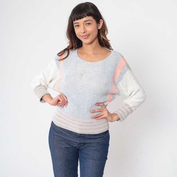 Vintage 70s Dolman Sweater Knit Pullover Sweater Grey White Orange Striped Color Block Batwing Sleeve Jumper Retro Colorblock 1970s Small S