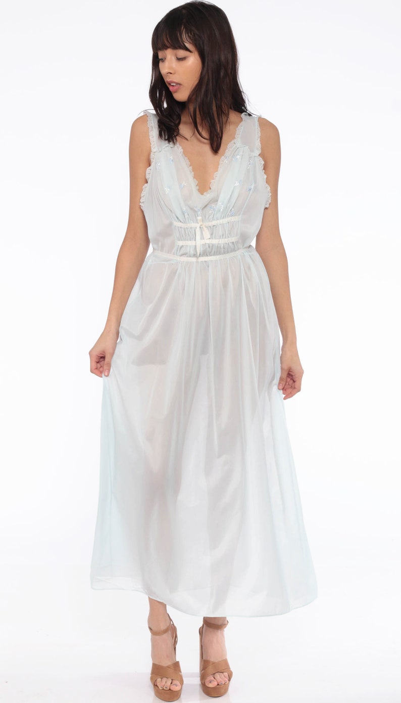 Sheer Nightgown Lingerie Baby Blue Slip Dress 70s Maxi Nightgown Deep V Neck Boho RUFFLE Empire Waist Vintage Bohemian Pastel Long Large