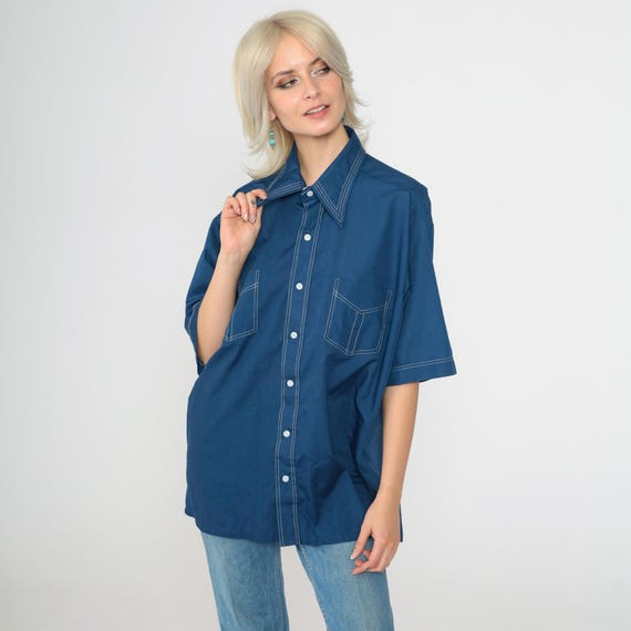 70s Dark Blue Shirt Button Up Dagger Collar Shirt Topstitch Retro Short Sleeve Plain Seventies Pocket Vintage 1970s Men's Large 16-16 1/2