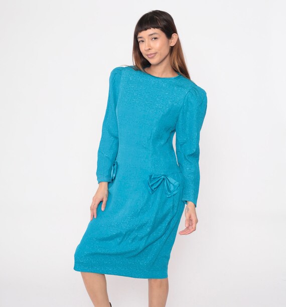 Blue Silk Dress Midi 80s Turquoise Embossed Bow Dress Long Puff Sleeve Dress Formal Prom Party Sheath Dress 1980s Vintage Patterned Medium 8