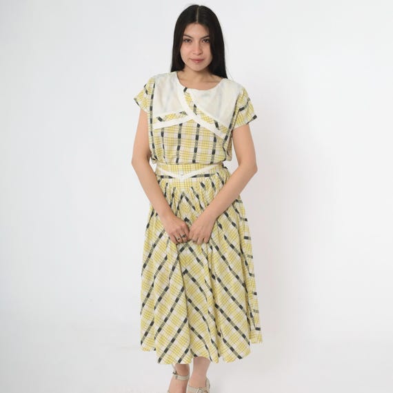 Vintage Yellow Plaid Two Piece Dress Set Y2K 2000s Cottagecore Dressy Blouse & Midi Skirt Matching Outfit White Trim Co Ord Small Medium