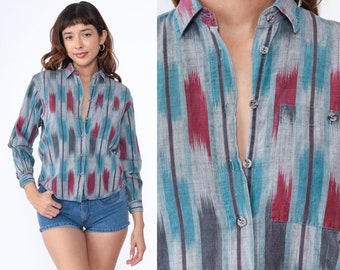 80s Ikat Shirt Grey Blue Striped Shirt Blouse Chest Pocket Button Up Top 1980s Vintage Boho Hippie Long Sleeve Bohemian Casual Red Small