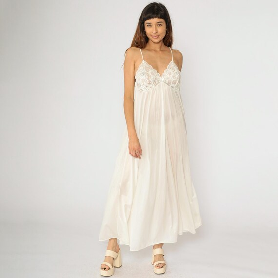 Vintage White Nightgown Lingerie Lace Slip Dress 80s Maxi Nylon Deep V Neck Empire Waist Spaghetti Strap Shadowline Medium