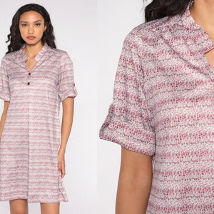 Striped Shirt Dress 90s Does 70s Pink Floral Stripe Mini Button Up Secretary Shirtdress Collared Vintage Retro Short Sleeve Dress Large L