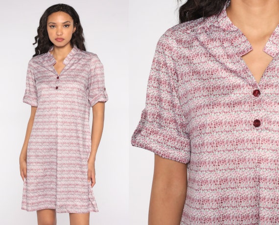 Striped Shirt Dress 90s Does 70s Pink Floral Stripe Mini Button Up Secretary Shirtdress Collared Vintage Retro Short Sleeve Dress Large L