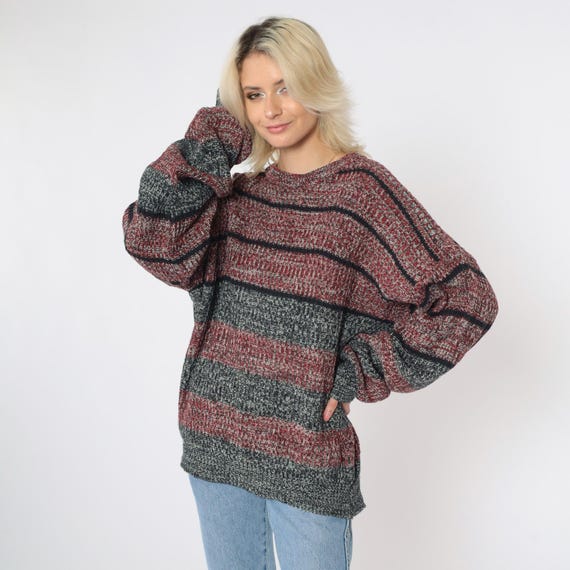 Vintage Wrangler Striped Sweater 80s Red Black Marled Knit Crewneck Pullover 1980s Retro Oversized Grunge Men's Extra Large xl