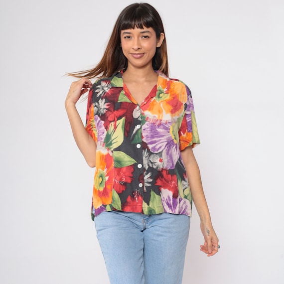 Watercolor Floral Blouse Y2K Silk Shirt Button up… - image 5