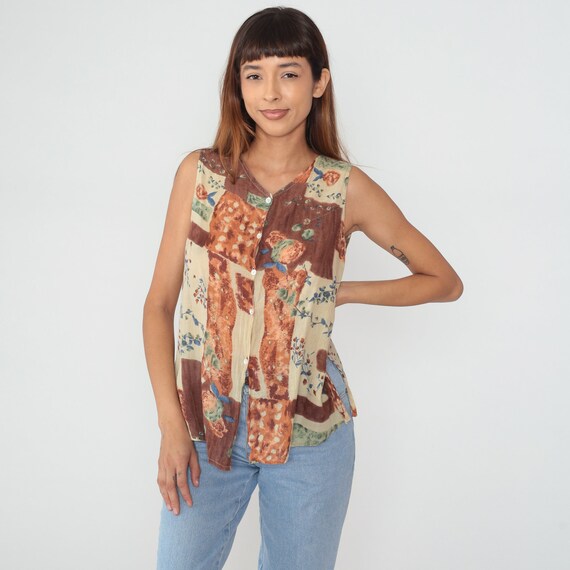 Floral Tank Top 90s Button up Blouse Sleeveless Shirt Patchwork Flower Print Boho Hippie Grunge Brown Tan Orange Green Vintage 1990s Small S
