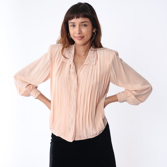 Pink Silk Blouse 80s Button up Shirt Pleated Top Floral Embroidered Pastel Boho Secretary Darling Collared Long Sleeve Vintage 1980s Small S