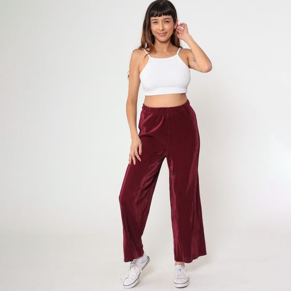 Vintage Burgundy Wide Leg Pants 90s Ribbed High Waist Rise Straight Leg Slacks Preppy Plain Basic Simple Chic 1990s Medium M