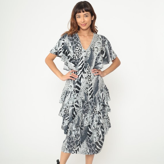 90s Animal Print Dress Black White Gray Leopard Zebra Mixed Print Button Front V Neck Flutter Sleeve Ruffle Midi Tiered Skirt Medium M