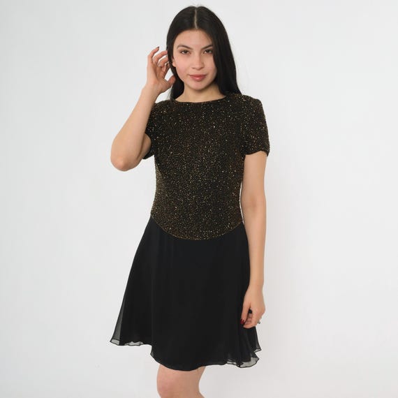 90s Beaded Silk Chiffon Dress Black & Gold Fit And Flare Mini Party Dress Vintage Short Sleeve Scoop Neck 1990s Evening Cocktail Small 6