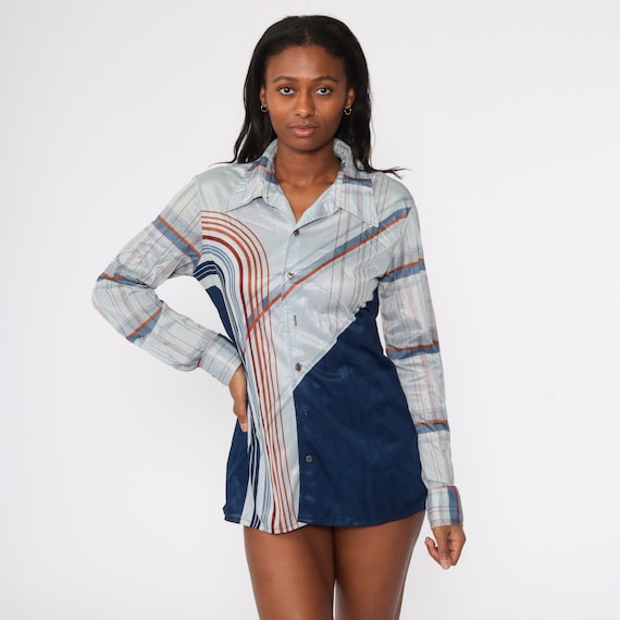 70s Boho Shirt Psychedelic Art Deco STRIPED Blouse Op Art Grey Blue Disco Top Hippie 1970s Vintage Bohemian Button Up Long Sleeve Large L