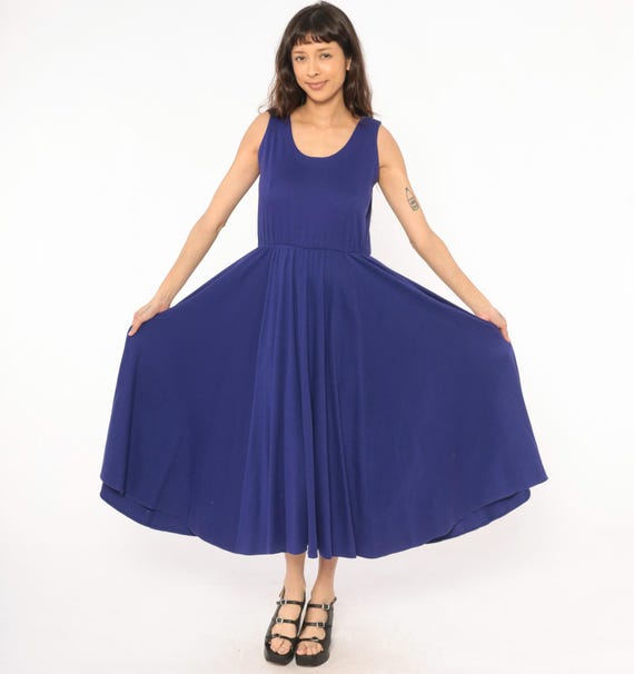 Indigo Sleeveless Sundress 80s Scoop Neck Fit Flare Tank Purple Cotton Midi Circle Skirt Summer Violet Vintage Minimal Women's Large L